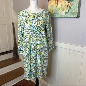 blue and green vibrant symmetrical leafy shape dress